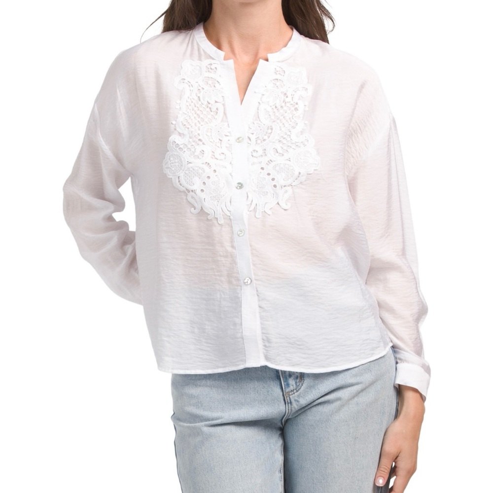 ELLEN TRACY White Lace Button Front Shirt